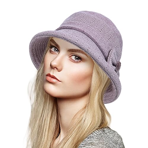 Women Winter Warm Bucket Hat 1920s Vintage Cloche Bowler Hats Fashion Ladies Church Bucket Hat - color: Purple