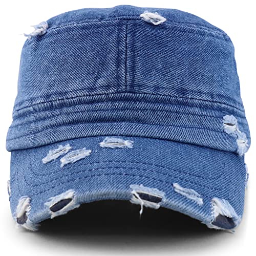 Armycrew Military Cadet Style Flat Top Distressed Vintage Cap - color: Light Denim