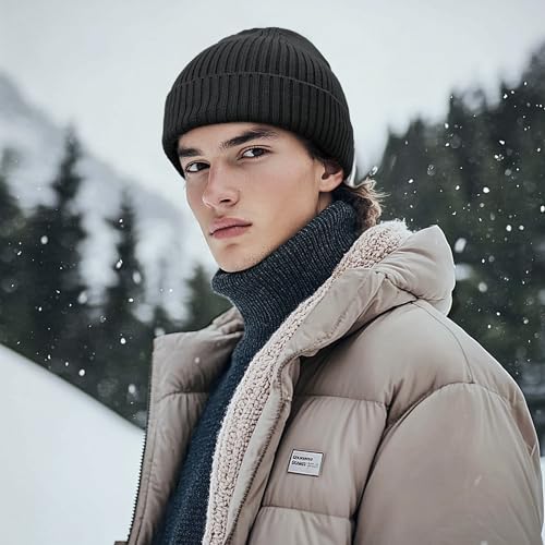 Croogo Knit Beanie Hat Fisherman Ski Caps Fall Winter Warm Knitted Ribbed Cuffed Skull Cap Slouchy Toboggan Cap for Men Women - color: Kh43-black