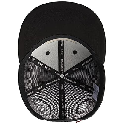 BASSDASH Flat Brim Trucker Cap Adjustable Snapback Hat Mesh Back for Men Women - color: Black/Fish Flag