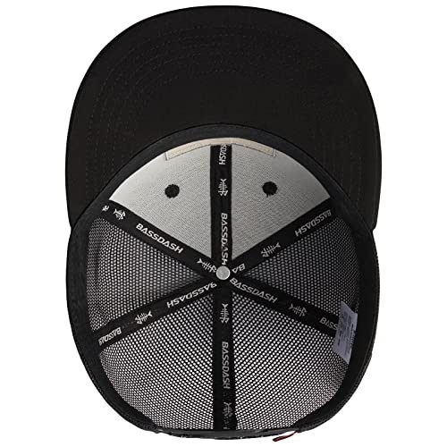 BASSDASH Flat Brim Trucker Cap Adjustable Snapback Hat Mesh Back for Men Women - color: Black/Fish Flag