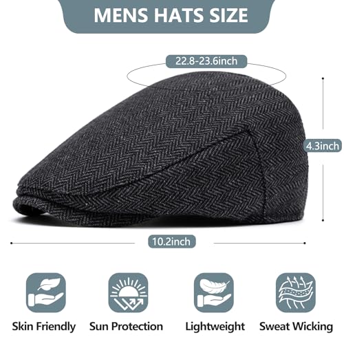 meioro Herringbone Flat Ivy Newsboy Cap for Men Classic Tweed Newsboy Hat Wool Blend Flat Cap Gatsby Cabbie Hats Ivy Caps - color: Dark Grey
