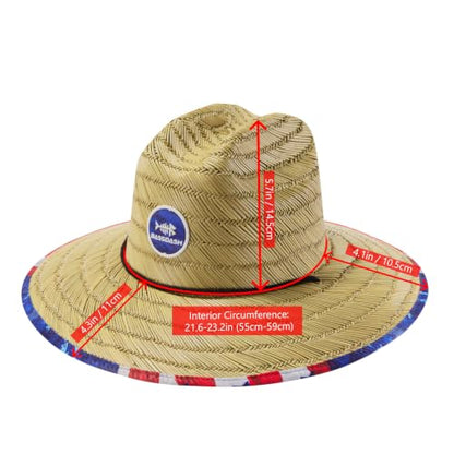 BASSDASH UPF 50+ Wide Brim Lifeguard Straw Hat for Beach Fishing Outdoor - color: Americana
