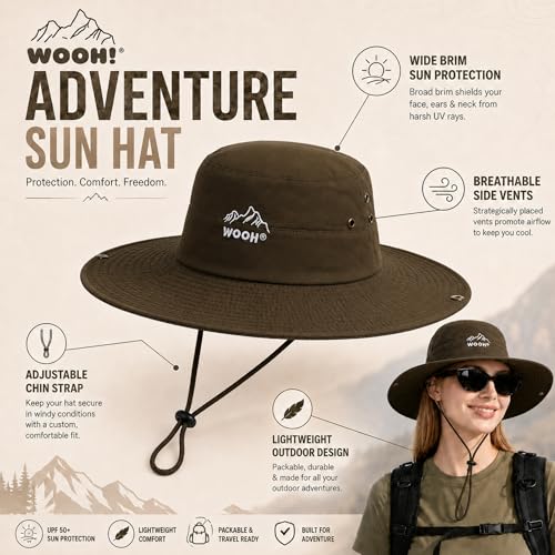 WOOH Sun Hats for Women,UPF80+ Wide Brim Foldable Bucket Hat with Adjustable Chin Strap,Summer Hat for Beach Hiking Gardening - color: Army Green