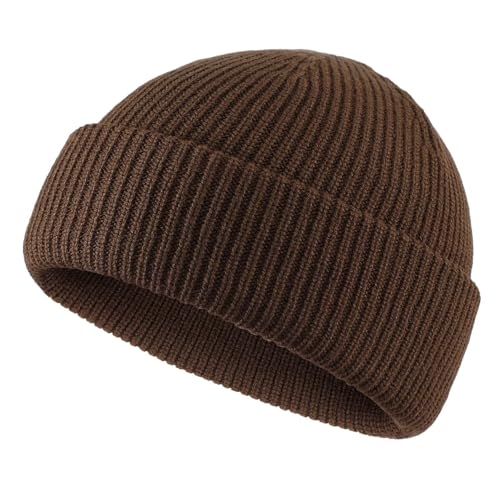 Connectyle Short Fisherman Beanie for Men Women Warm Winter Hats Knit Cuffed Beanies Skull Cap Acrylic Watch Hat - color: Coffee