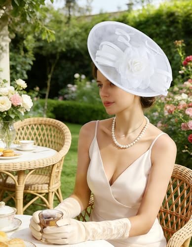 Unpifolov Fascinators Hats Elegant Women Flower Mesh Feathers Wedding Cocktail Bride Headband for Derby Hat Tea Party - color: White
