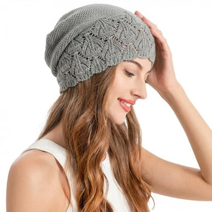 ZLYC Crochet Slouchy Beanie for Women Soft Lightweight Skull Cap - color: Solid Light Gray