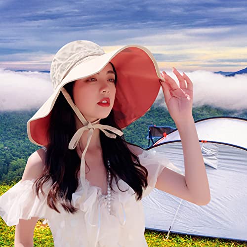 HUAMULAN Women Summer Vacation Wide Brim Sun Hat Reversible Fishing Hats - color: M0004-hongse