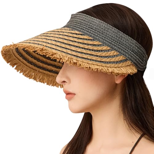 Straw Sun Visor Summer UV Protection Packable Wide Brim Beach Hat Ponytail Women - color: A-black