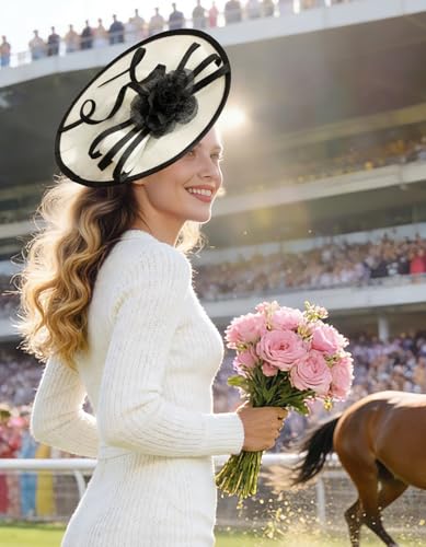 Unpifolov Fascinators Hats Elegant Women Flower Mesh Feathers Wedding Cocktail Bride Headband for Derby Hat Tea Party - color: Black+beige