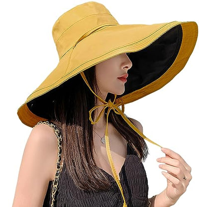 HUAMULAN Women Summer Vacation Wide Brim Sun Hat Reversible Fishing Hats - color: Yellowblack