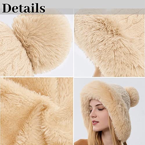 Winter Beanie Hats for Women with Ear Flaps Faux Fur Crochet Skull Cap Warm Outdoor Ski Snow Hats Pompoms - color: Beige