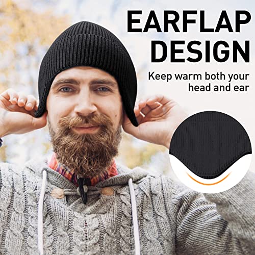 Arcweg Beanie with Earflap for Men Women Winter Warm Thermal Hats Stocking Cap Toboggan Outdoor Hat - color: Black+black