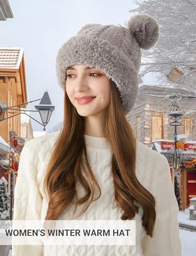 FEOYA Womens Knit Winter Beanie Hat with Faux Fur Pompom Fuzzy Cute Knit Fleece Lined Skull Cap - color: Grey