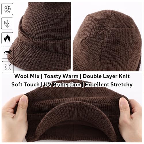 Home Prefer Mens Wool Blend Winter Hat Double-Layer Warm Knit Pre-Curve Visor Beanie Brimmed Beanies Hat for Men Women - color: Coffee