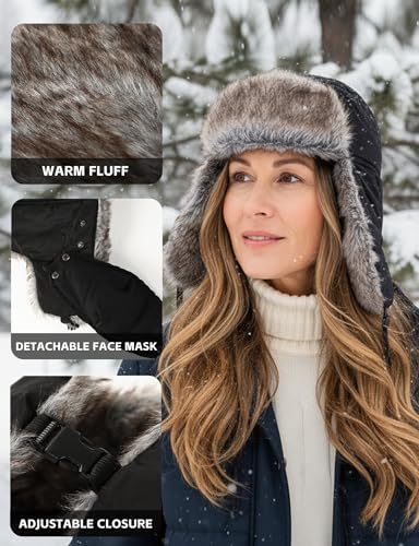 Buauty Fur Trapper Hat for Men Women Winter Windproof Soft Russian Ushanka Hats with Warm Ear Flaps & Removable Mask - color: Black