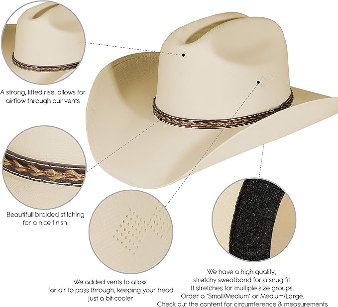Mrlahat Western Cowboy & Cowgirl Hat Wide Brim Front Pinch Style - color: Cream, size: Small-Medium