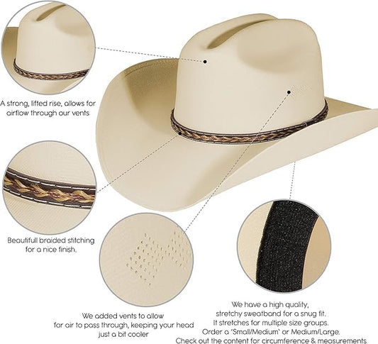 Mrlahat Western Cowboy & Cowgirl Hat Wide Brim Front Pinch Style - color: Cream, size: Small-Medium