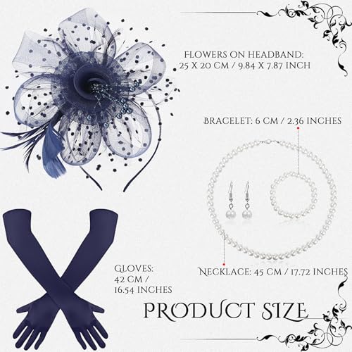 Yaomiao 5 Pcs 1920s Tea Party Accessories Fascinator Hat Gloves - color: Navy Blue