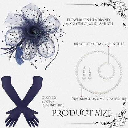 Yaomiao 5 Pcs 1920s Tea Party Accessories Fascinator Hat Gloves - color: Navy Blue
