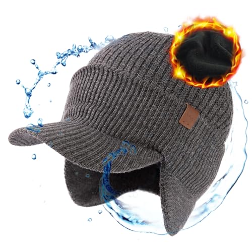 TOP-EX DryKnit™ 50% Merino Wool Waterproof Warm Brim Beanie with Ear Flaps - color: Grey (Waterproof), size: X-Large-XX-Large