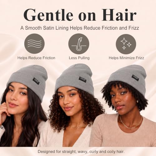 Satin Lined Winter Beanie Hats for Women Men Cotton Knitted Cuffed Knit Hat - color: Light Grey