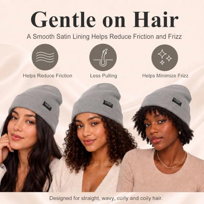 Satin Lined Winter Beanie Hats for Women Men Cotton Knitted Cuffed Knit Hat - color: Light Grey