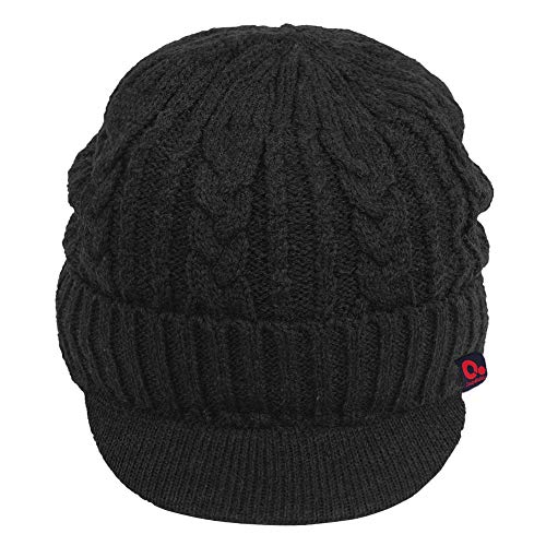 Original One Men Wool Blend Cable Knitted Visor Beanie Winter Knit Hat with Brim Fur Lined Ski Cap - color: Black