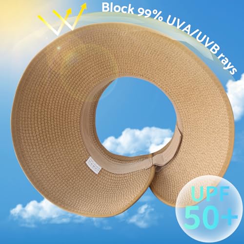 NPJY Sun Hats for Women Wide Brim Roll-Up Ponytail Packable Straw Visor - color: White
