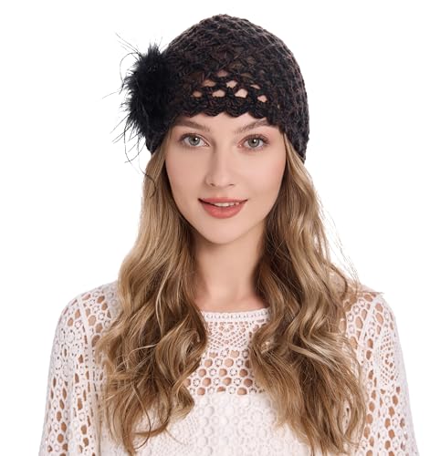 ZLYC Women Crochet Beanie Hat Summer Handmade Knit Decorated Skull Cap - color: Feather Black Mixed Brown Black