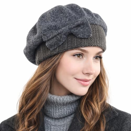 Women Knit 100% Wool Beret Artist Winter French Beret Hats - color: Grey