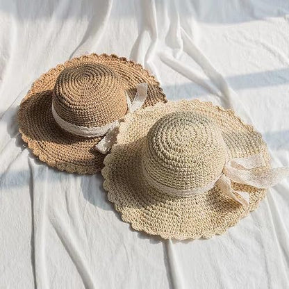 Summer Beach Sun Straw Hats for Women Wide Brim Packable Travel Bucket Hats UPF 50+ - color: Beige