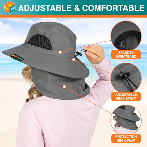 SUN CUBE Wide Brim Sun Hat for Men & Women, UPF 50+ UV Protection, Mesh Boonie Hat with Chin Strap, Fishing Hiking Hat - color: Grey With Flap