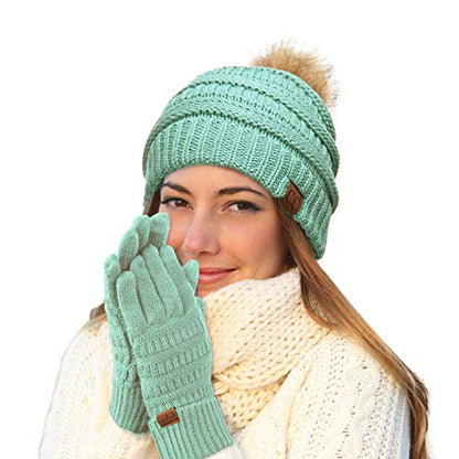 C.C Hatsandscarf Exclusives Unisex Solid Ribbed Beanie with Pom (HAT-43) - color: A Gift Set-mint