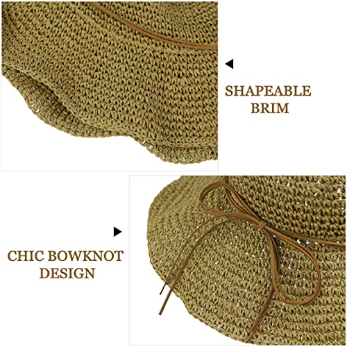 Women Sun Hat Wide Brim Floppy Beach Hat Breathable UV UPF 50+ Straw Hat Foldable Packable Summer Outdoor Cap - color: Light Coffee