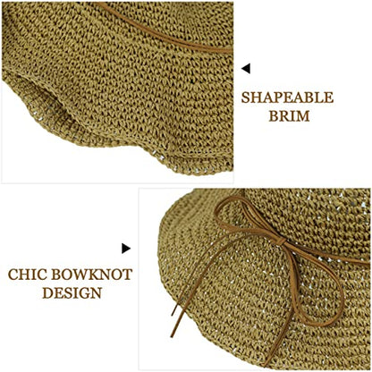 Women Sun Hat Wide Brim Floppy Beach Hat Breathable UV UPF 50+ Straw Hat Foldable Packable Summer Outdoor Cap - color: Light Coffee