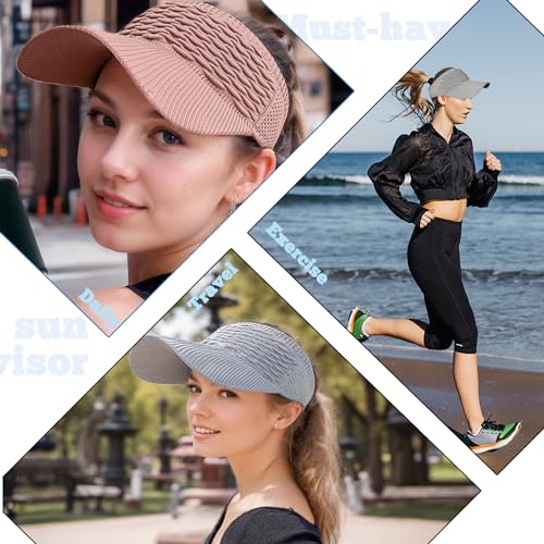 Sun Visor Hats, Wide Brim Sun Hats with UV Protection, Knitted Running Visors for Women - Ponytail Friendly, Quick Drying - color: Beige