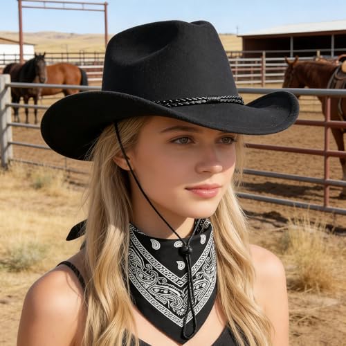 Classic Western Cowboy Hat, Unisex Felt Cowboy hat with Wide Brim and Band, Ideal for Rodeos, Costume Parties, Outdoor Wear - color: Black3