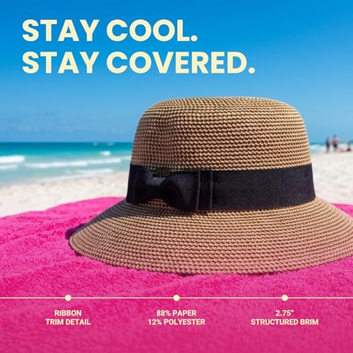 Funky Junque Foldable Wide Brim Straw Sun Hat, Packable Beach Cap - color: Brown Mix