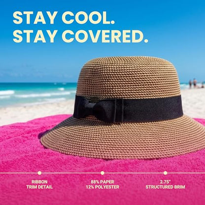 Funky Junque Foldable Wide Brim Straw Sun Hat, Packable Beach Cap - color: Brown Mix