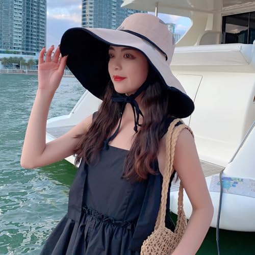 HUAMULAN Women Summer Vacation Wide Brim Sun Hat Reversible Fishing Hats - color: M0004-khakiblack