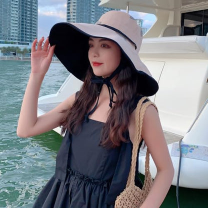 HUAMULAN Women Summer Vacation Wide Brim Sun Hat Reversible Fishing Hats - color: M0004-khakiblack