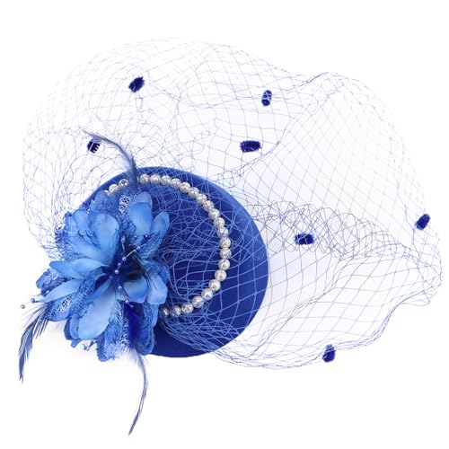 Fascinator Pillbox Hat for Women, Feather Flower Pearls Hair Headwear Veil - color: Blue
