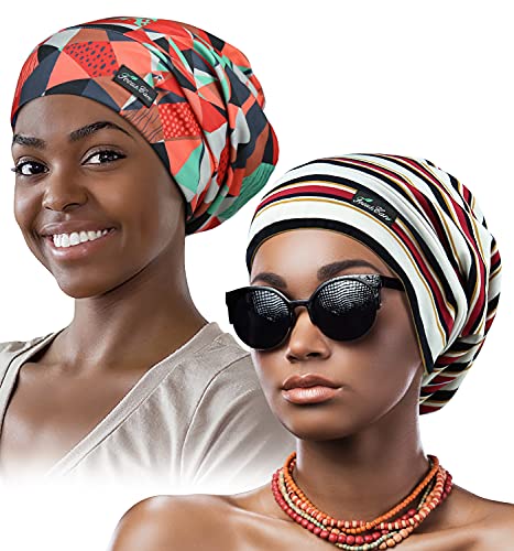 Adjustable Satin Lined Sleep Cap for Dreadlocks Curly Hair Large Head-Stay On Overnight - color: Stripe D&red