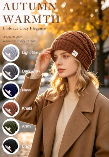 FEQO 6 Pack Satin Lined Beanies Slouchy Beanie Oversized Cable Knit Caps - color: Black, Dark Gray, Light Grey, Khaki, Army, Navy