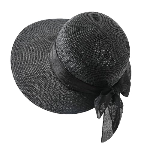 Women Straw Beach Sun Hat Wide Brim UV Protection Floppy Sun Hats - color: Black
