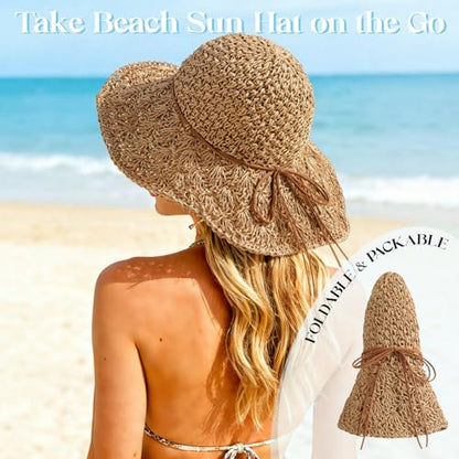 Beach Sun Straw Hats for Women Floppy Wide Brim UV Packable Summer - color: Khaki - Pineapple Knitted