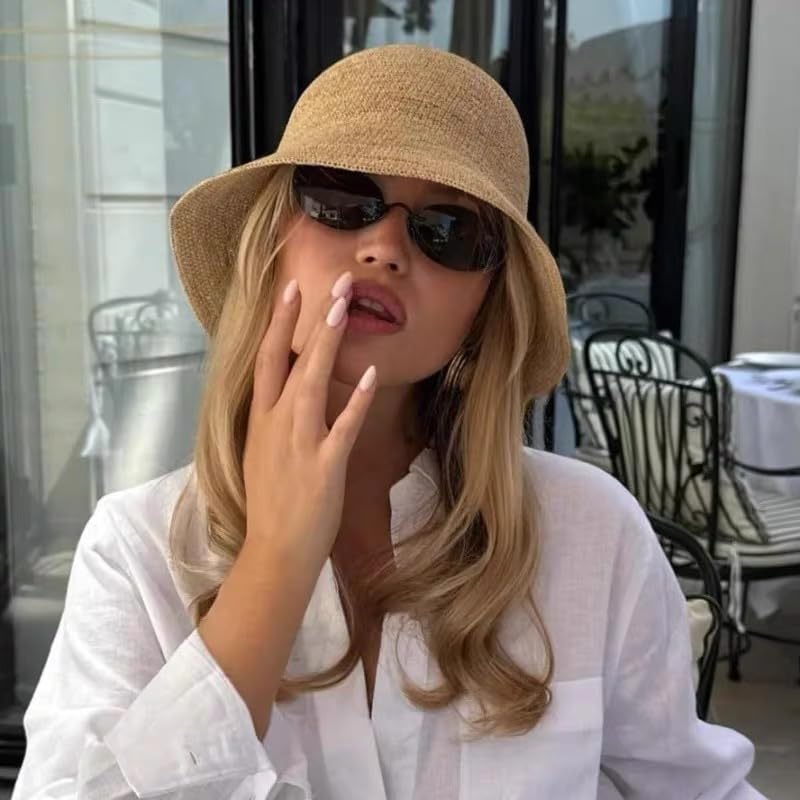 Women's Raffia Straw Bucket Hat Sun Beach Hat Woven Handmade Foldable Summer Travel Cap - color: Raffia ( Brim3.1“)