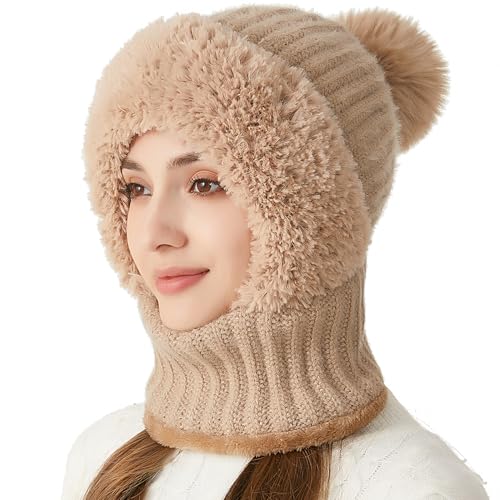 HUAMULAN Women Winter Knit Beanie Hats One Piece Fleece Lined Balaclavas - color: Khaki + Faux Fur