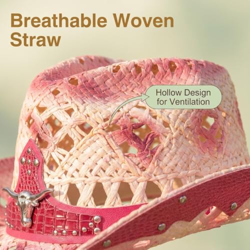 Straw Cowboy Hat for Men Women, Breathable Lightweight - color: Pink-m